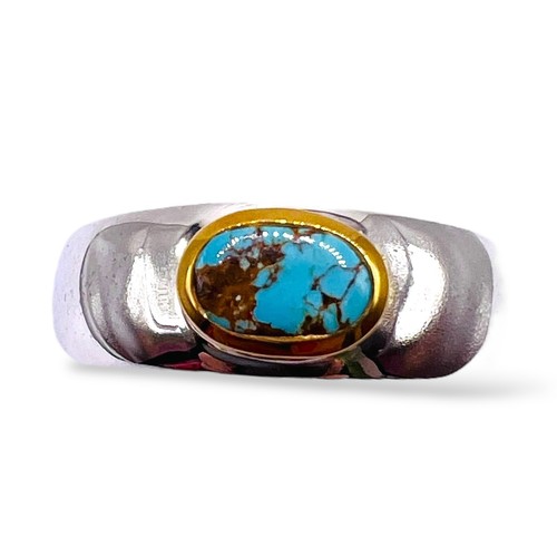 Persian Turquoise Sterling Silver Two Tone Gold Vermeil Band Ring SZ 9 - Picture 6 of 10