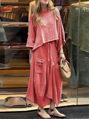 Conjunto de top y falda suelta con bolsillo de algodón y lino de moda de verano 2025 2 piezas - Imagen 14 de 30