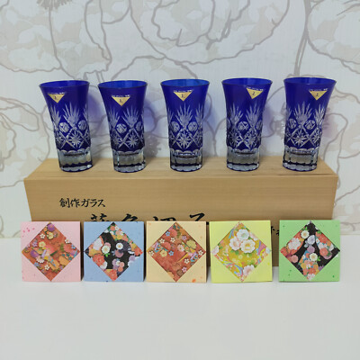 Japanese ''KIRIKO'' cut glass SET ;  Vintage Unused ; Wooden Box  #239