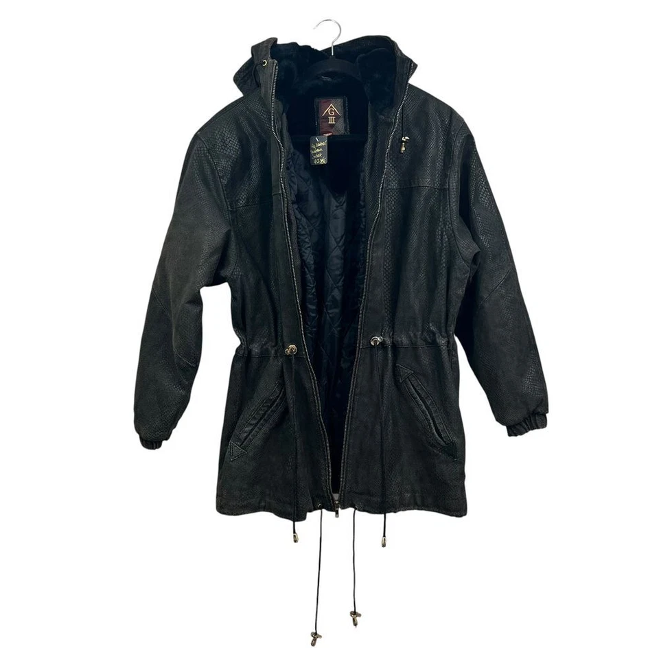Abrigo de invierno Parka con capucha de cuero para mujer G-iii de colección estampado de serpiente textura negro talla S Foto 3 de 4