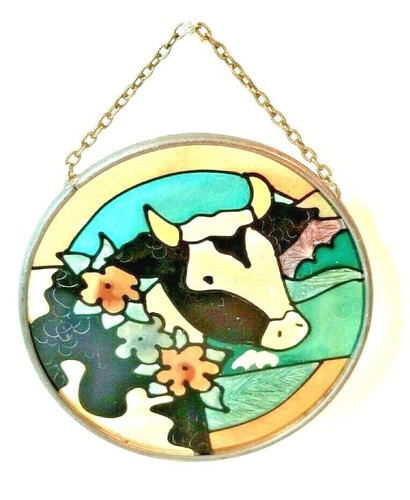 Cow Suncatcher 3 1/2" Metal Ring Surrounds Holstein wearing a Floral Collar - Picture 2 of 4