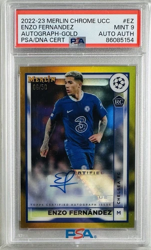 Enzo Fernandez 2022-23 Topps Merlin Chrome UCC Gold Refractor RC Auto #/50 PSA 9