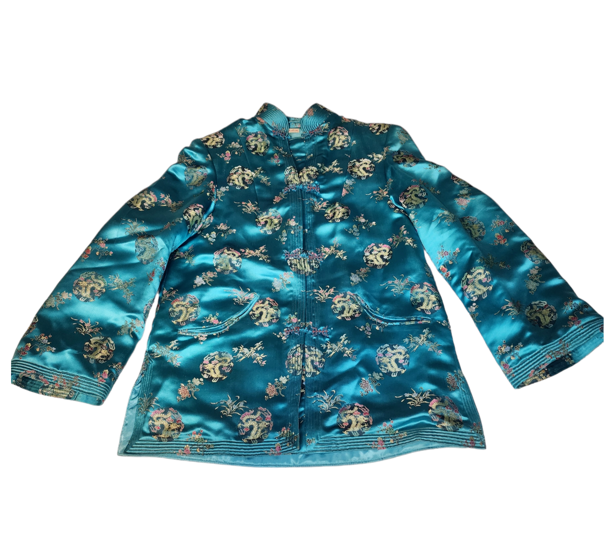 Vintage Women's SILK SATIN Jacket Hong Kong Turquoise Dragon Vintage Women's SILK SATIN Jacket Hong Kong Turquoise Dragon