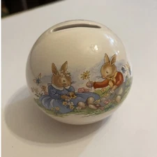 Royal Doulton England Bunnykins Spring Picking Flowers Coin Ceramic Bank