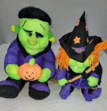 Vintage Stuffins Halloween Nylon Plush Frankestein & Witch w/Broom READ