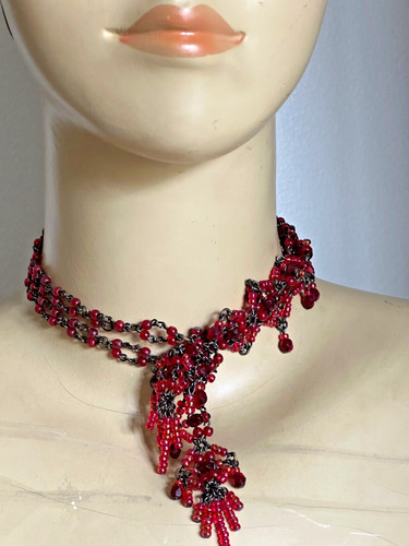 Gorgeous French Vintage Creator Sautoir  Necklace - Red Glass Beads on a chain