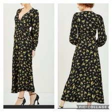 GANNI Floral Crepe Maxi Wrap Dress Sz EU 38 US 8 V Neck Long Sleeve Black Yellow