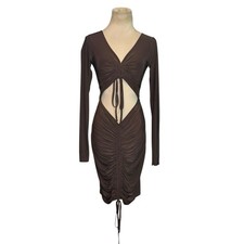 PrettyLittleThing brown long sleeves ruched cutout dress size 8