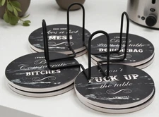 LIFVER Funny Coasters Set of 8 – Black Marble Look Ceramic w/ Holder, Cork Base