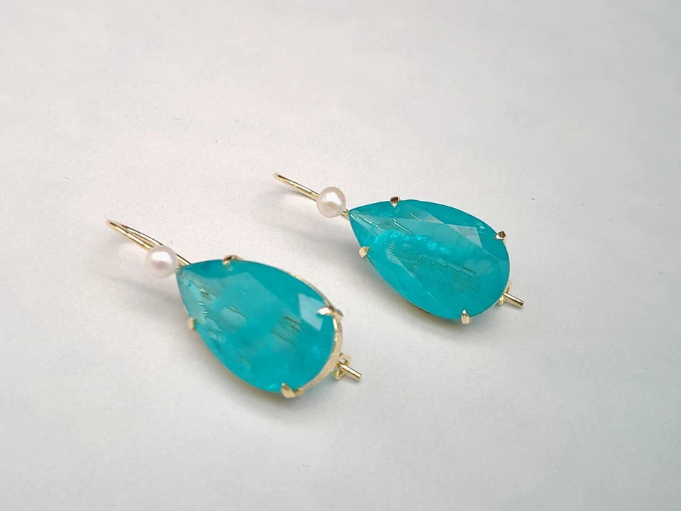 Orecchini donna goccia quarzo acquamarina arg. 925 plac. oro fatti in Italia - Immagine 3 di 4