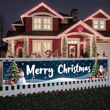 98x18inch Merry Christmas Banner Blue Large Outdoor Xmas Snowman Banner for Chri