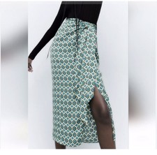 Zara Women XS Green Geometric Print Knot Tie Satin Pareo Midi Skirt Beach