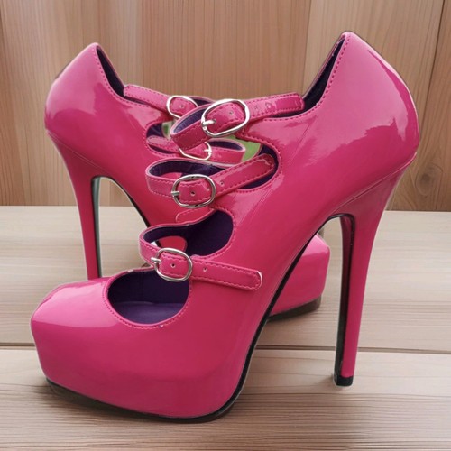 Devious Hot Pink Tri Strap versteckte Plateau eckige Zehenpartie Pumps High Heels Schuhe Größe 8 - Bild 9 von 19