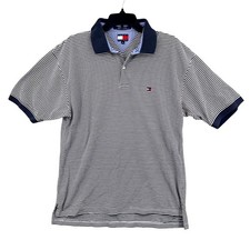 Tommy Hilfiger Mens XL Pique Polo Shirt Blue White Striped Short Sleeve Preppy
