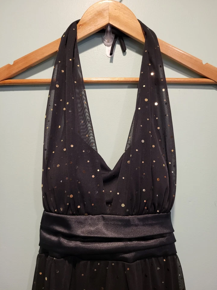 Vestido Halter Y2K Tabú Negro Dorado Brillante Talla L Malla Forrado Lazo Foto 2 de 4