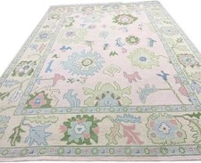 Hand Knotted Oushak Wool Rug Pastel Pink Mint...