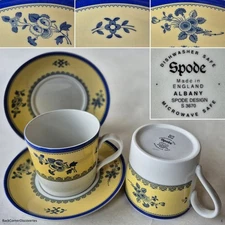 2 Spode Made in England ALBANY S3670 Cup & Saucer Sets. Blue Floral. Yellow Band