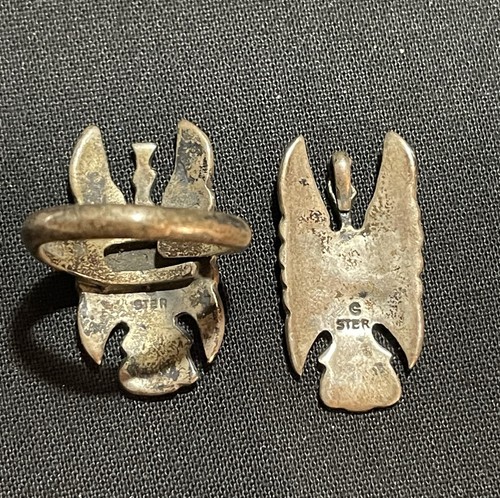 Colgante y anillo vintage años 70 navajo peyote pájaro turquesa coral astilla incrustación talla 7 - Imagen 4 de 8