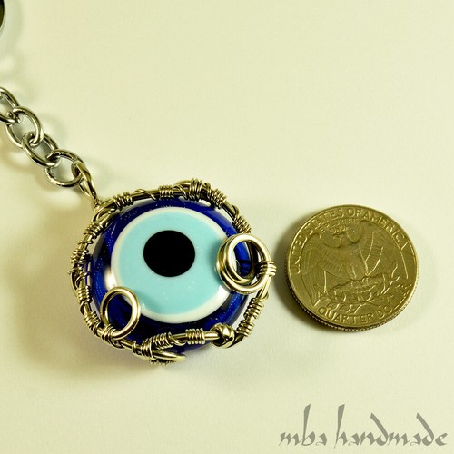 Silver Wire Wrapped Evil Eye Glass Bead Keychain by mba handmade - Picture 2 of 4
