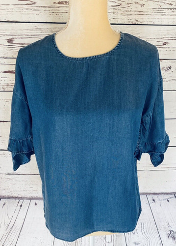 Dizzy Lizzy Women’s Medium Blouse Blue Short Flare Ruffle Sleeves Soft U Neck