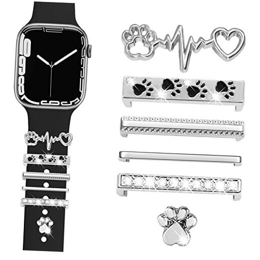 Watch Band Charms with Decorative Bling Rings Loops, Animal Paw Silver