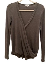 Splendid  Long Sleeve V Neck Waffle Knit Top Sz S Charcoal Gray