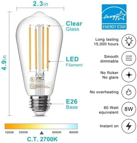 12 Pack Vintage 8W ST58 LED Edison Light Bulbs 60W Equivalent, 800Lumens, 2700K - 第 2/7 張圖片