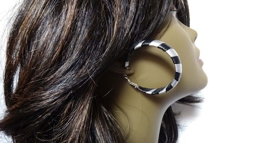 THICK SHINY BLACK AND SILVER HOOP EARRINGS WRAPPED HOOPS 2 INCH LIGHTWEIGHT - Picture 3 of 4