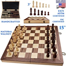 LARGE WOODEN CHESS BOARD SET FOLDING HANDCRAFTED ADULTS KIDS TRAVEL CERTIFIED