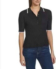 NWT! Calvin Klein Women's  Ribbed Top Quarter Button Collared Polo Shirt, Black