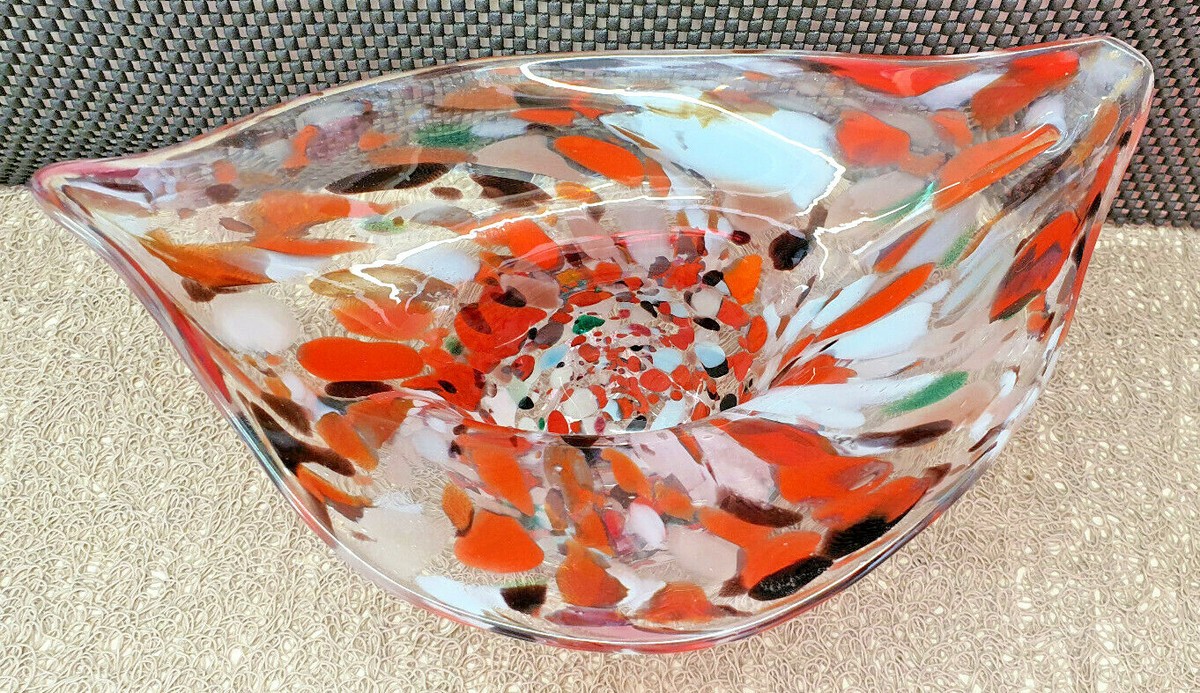 Coupe Vide-poche Verre Soufflé Clichy Moucheté Orange Blanc Art Déco