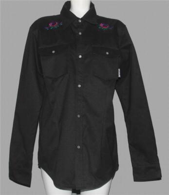 RIDE SNOWBOARDS Embroidered Roses Black Shacket / Jacket Pearl Snaps Wm's L NWT