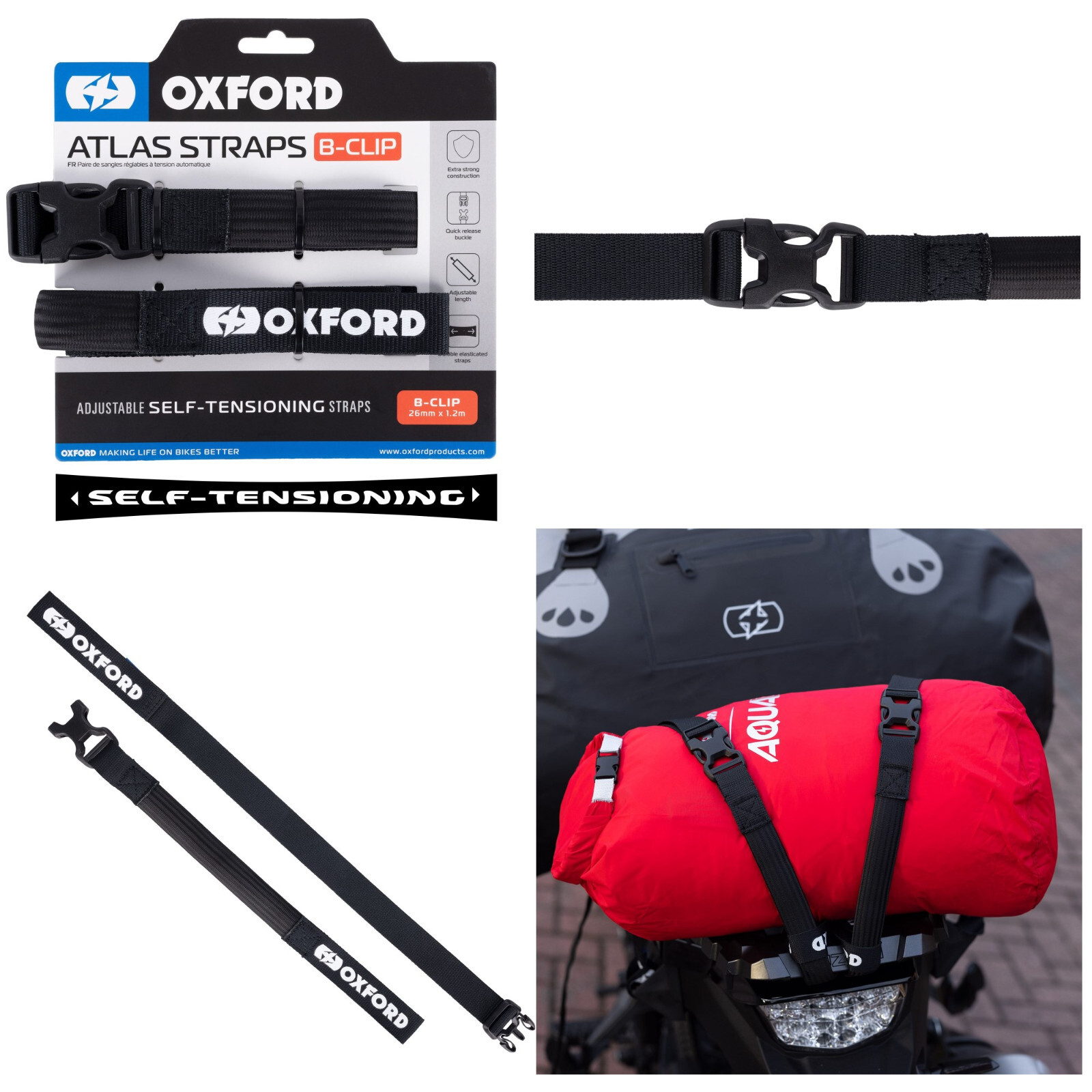 Oxford Atlas Straps B-Clip 26mm x 1.2m Adjustable Self-Tentioning Motorcycle