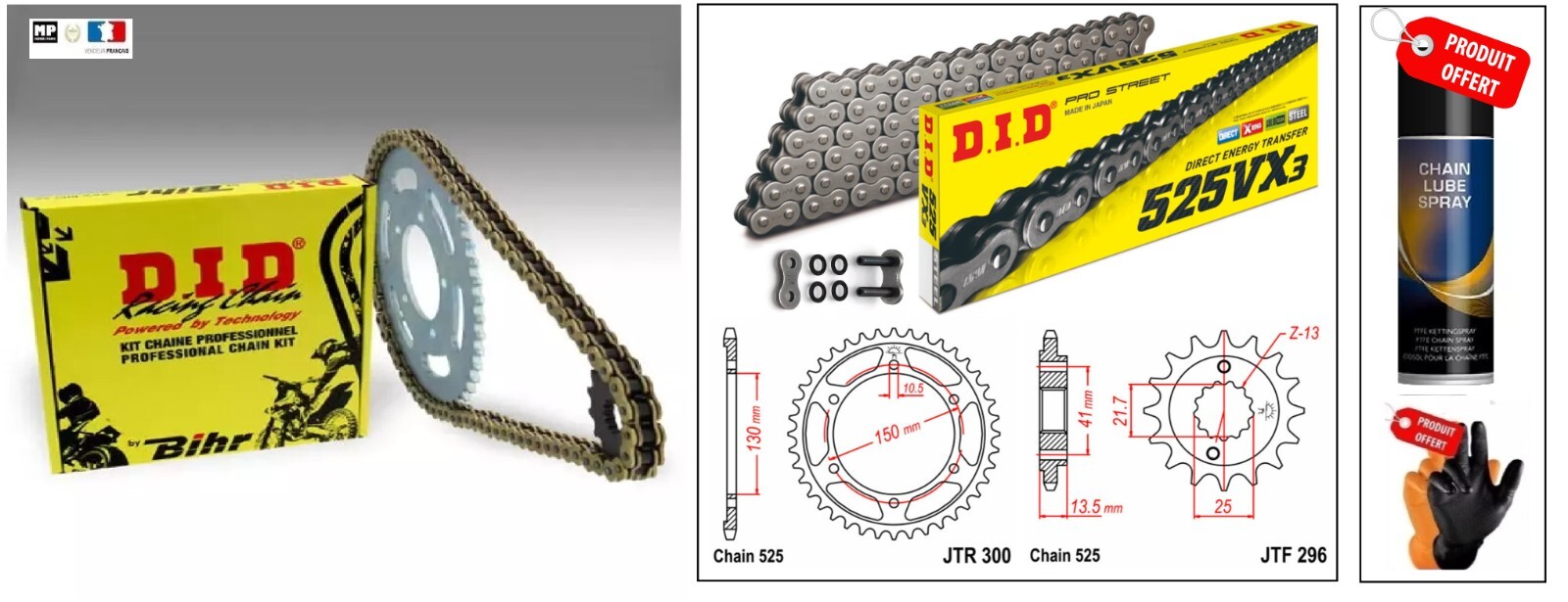 Kit chaîne DID 525VX3 renforcée noire pour Honda Transalp XL650V longévité premium