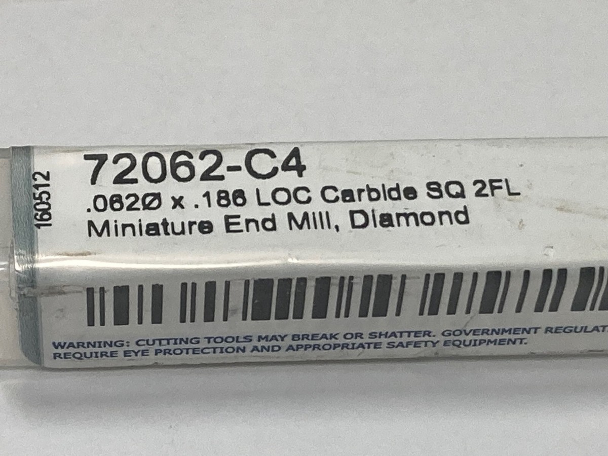 Harvey 72062-C4, 1/16'' 2FL Carbide Square End Mill, .186'' LOC