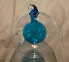 CB2 Crate  Barrel New 3" Clear Glass Ball Ornament w/ Aqua Glass Ball Inside