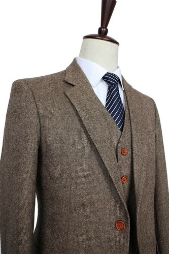 Men Suit Brown Tweed Check Tan Notch Lapel Prom Groom Tuxedo Wedding Suit Custom - Picture 4 of 11