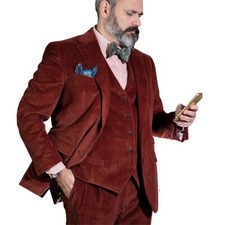 Burgunfy Men Corduroy Suit Business Leisure Outfit Party Prom Groom Tuxedo Suit