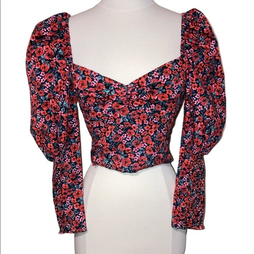 Zara - Watercolor Floral - Red, Pink Puff Sleeve On or Off Shoulder Cotton  Top | eBay