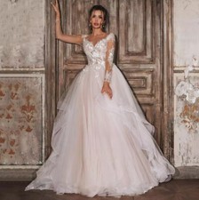 Brush Pink Ruffles Wedding Dress Sheer Long Sleeves Scoop Neck Applique