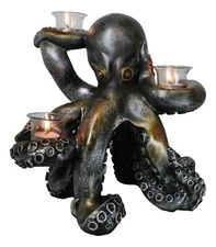 Large Rustic Bronze Deep Ocean Octopus Candle Holder Statue Kraken Sea Monster