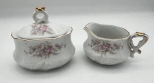Lefton China Small Sugar Bowl w lid + Creamer Set Vintage #6842 Pink Roses READ