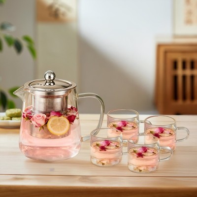 18.6 oz glass teapot set with 4 cups and detachable stainless steel teapot  filte | eBay