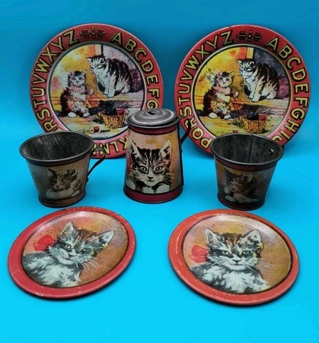RARE Antique Ohio Art Tin Litho Child Toy Dish & Cup Cat Kitten Tea Set 7 Pieces