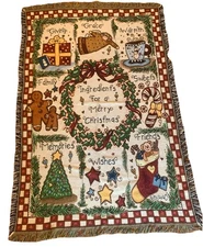 Vintage Crown Crafts USA Christmas Tapestry Cotton Throw Blanket Fringe 45x70"