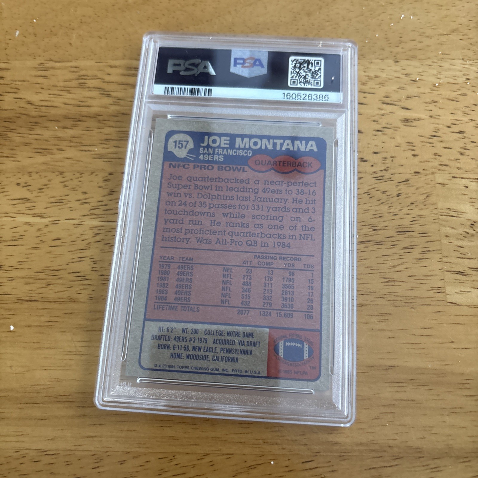 1985 Topps Football #157 Joe Montana San Francisco 49ers PSA 8 NM-MT view 2