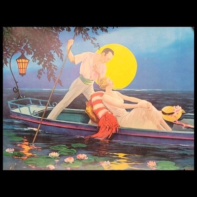 Antique 1920s Art Deco Moonlight Lovers Lithograph Print Poster Glamour Pinup