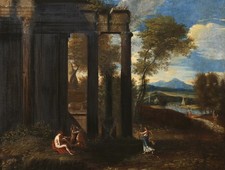 17th CENTURY LARGE ITALIAN OLD MASTER OIL ON CANVAS - CAPRICCIO LANDSCAPE 