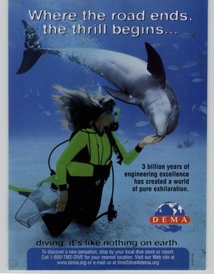 1998 Vtg Print Ad DEMA Diving Equipment Marketing Association Dolphin Diver Art