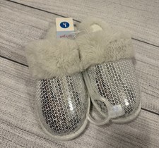 NWT Cat Jack Silver Sequin White Fur Slippers Youth Size 4/5 Women's 5.5/6.5